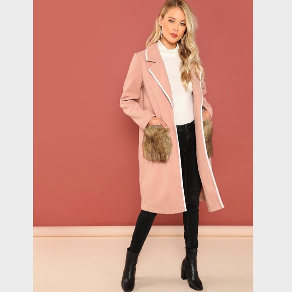 Pink Midi Coat with Faux Fur Pockets - Picture 2 of 9